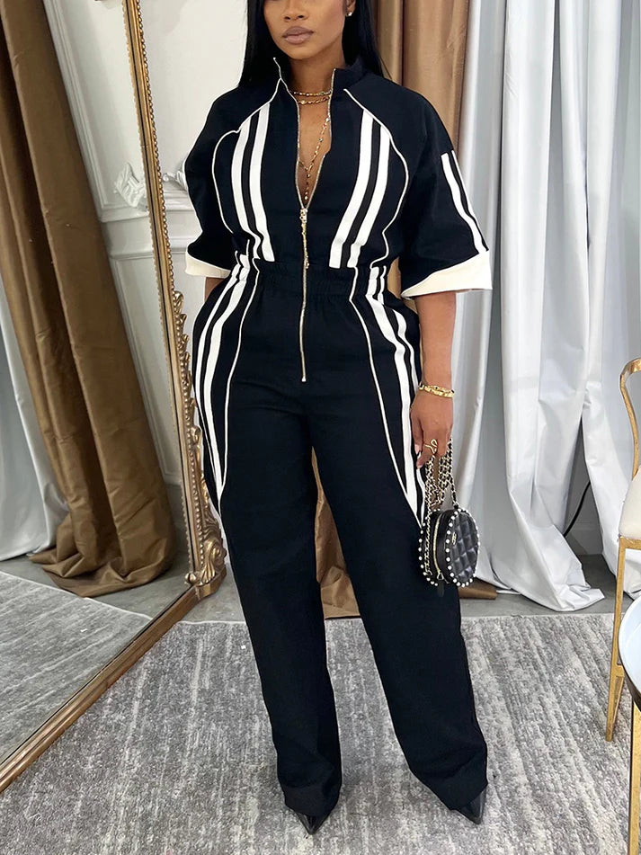 Sleeves Zip-Up Striped Jumpsuit