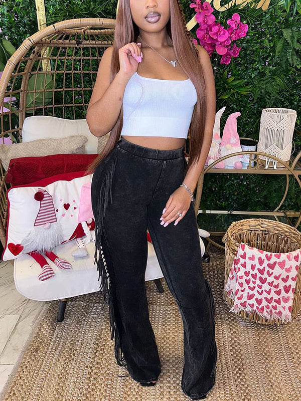 Washed Fringe Flare Pants