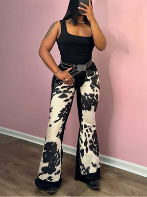 Cow Print Flared Jeans