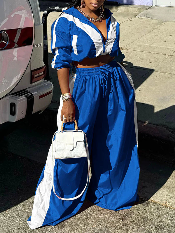 Sporty Crop Jacket Wide Pants Set