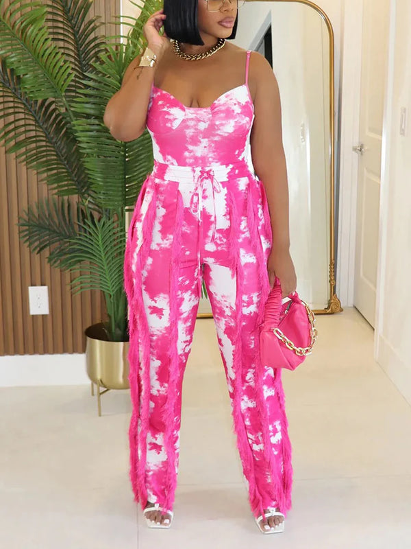 Tie Dye Bodysuit Fringe Pants Set