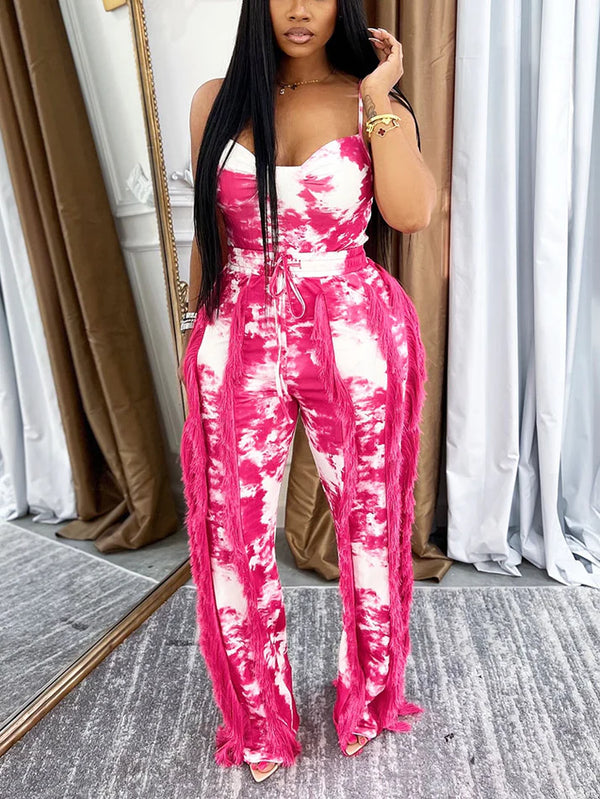 Tie Dye Bodysuit Fringe Pants Set
