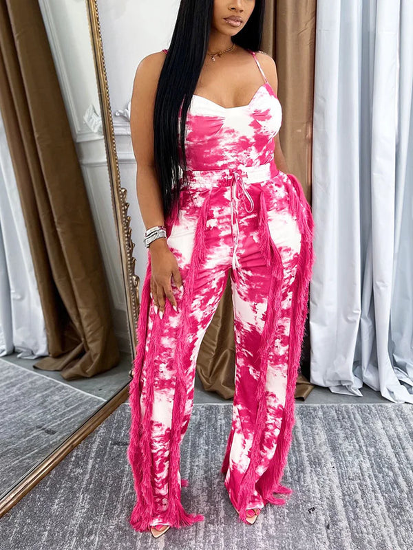 Tie Dye Bodysuit Fringe Pants Set