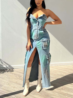 Iridescent Denim Cargo Dresses