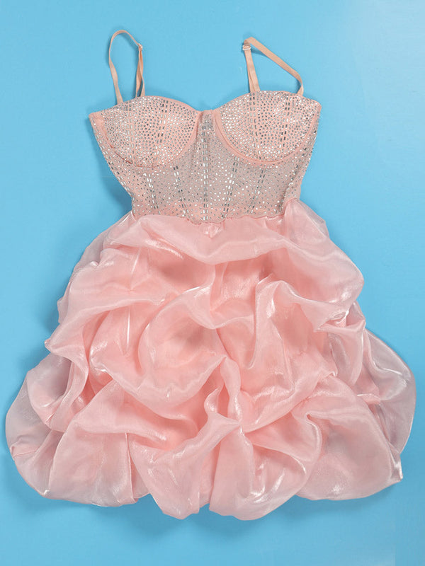 Rhinestone Mesh Ruffle Dresses