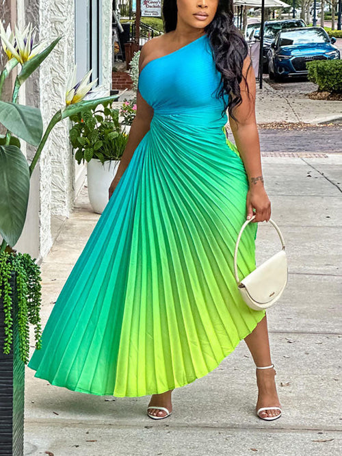 Ombre One Shoulder Pleated Dresses