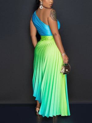Ombre One Shoulder Pleated Dresses