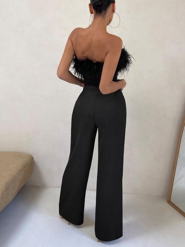 Strapless Feather Wide Leg Jumpsuits
