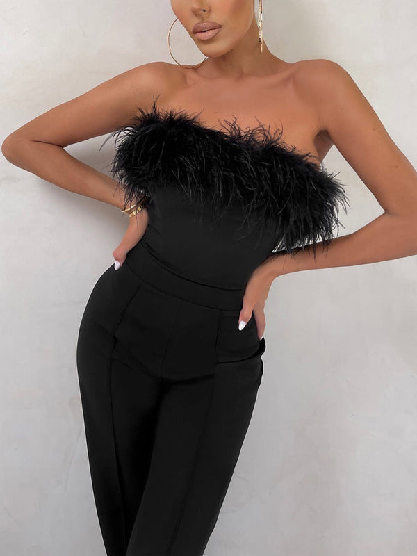 Strapless Feather Wide Leg Jumpsuits
