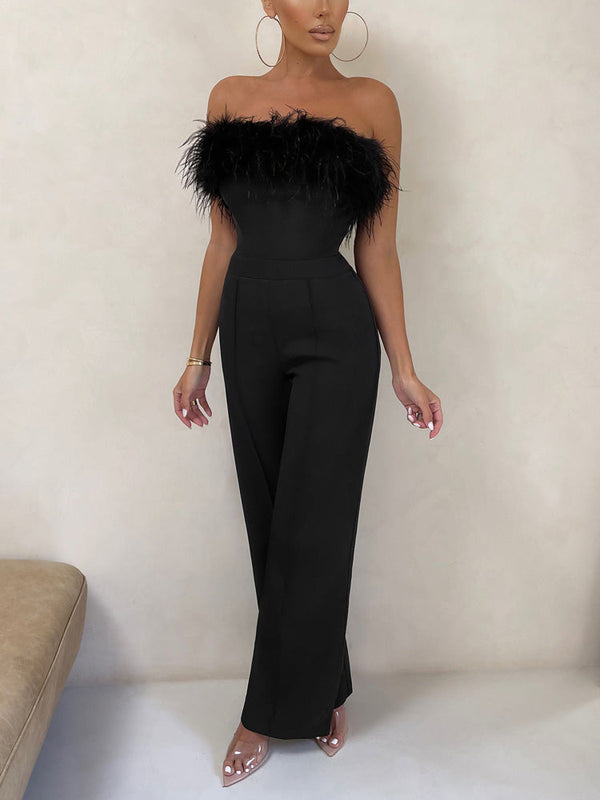 Strapless Feather Wide Leg Jumpsuits