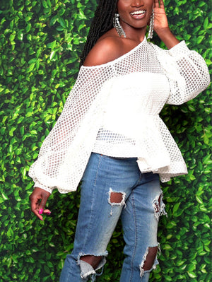 One Shoulder Net Ruffle Hem Tops