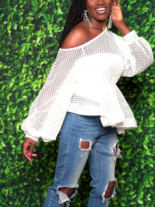 One Shoulder Net Ruffle Hem Tops