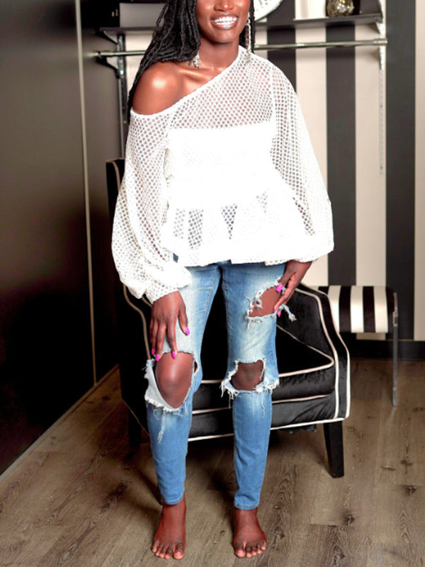One Shoulder Net Ruffle Hem Tops