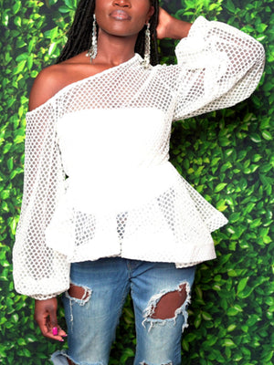 One Shoulder Net Ruffle Hem Tops