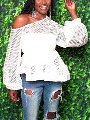 One Shoulder Net Ruffle Hem Tops