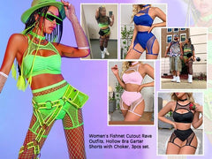 YM & Dancer C02 Women Rave Outfits Cutout Fishnet Top Booty Shorts Bottom Choker 3Pcs Babydoll Nightwear Festival Lingerie