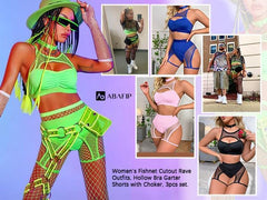 YM & Dancer C02 Women Rave Outfits Cutout Fishnet Top Booty Shorts Bottom Choker 3Pcs Babydoll Nightwear Festival Lingerie