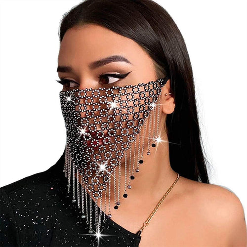 YM & Dancer P28 Campsis Sparkly Crystal Metal Mesh Mask Black Tassel Beads Chain Masks Festival Rave Masquerade Mask Jewelry for Women