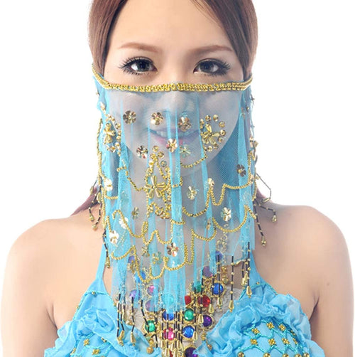 YM & Dancer P40 Face Veils Belly Dance Costumes Mesh Face Veil with Beaded Halloween Costume Accessory